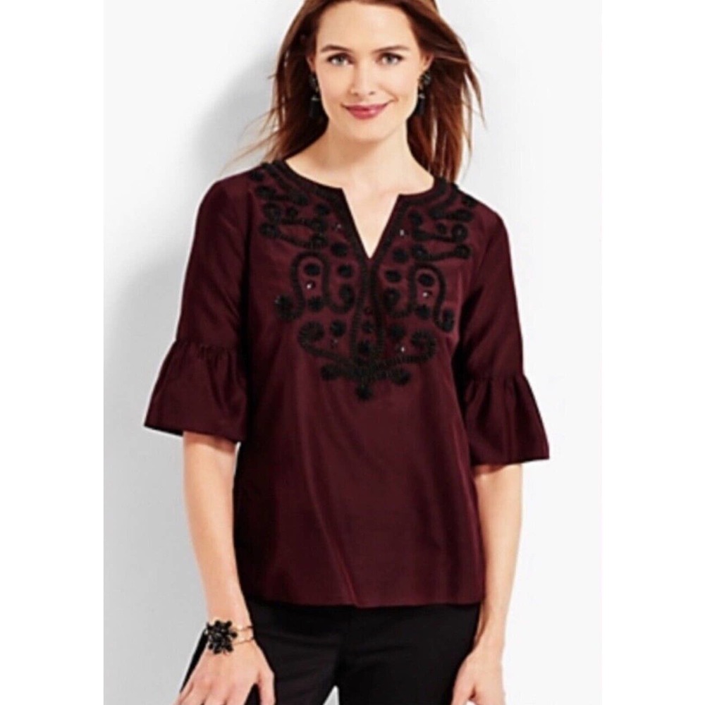 🌵RSVP by Talbots Burgundy Sequins & Ribbon Enbellished Bell Half Sleeve Top - XS